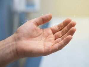 Hand met lichtdeeltjes en elektrische vonken aan vingertoppen, overlegd met gloeiende zenuwbanen tegen medische achtergrond