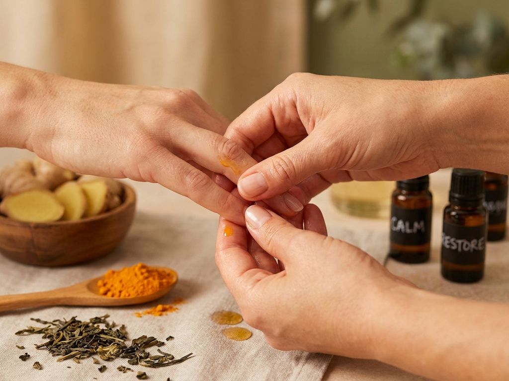 tintelende-vingers-natuurlijke-behandeling-massage.jpg Handen masseren tintelende vingertoppen met natuurlijke kruiden zoals gember, kurkuma en essentiële oliën op achtergrond