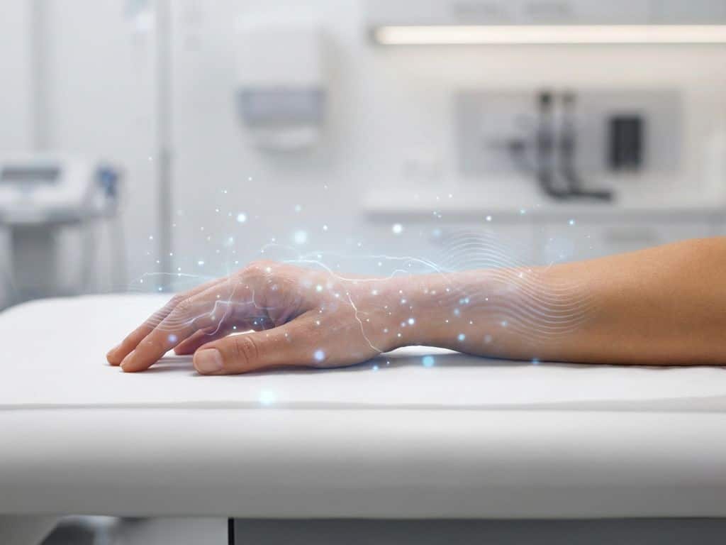 tintelende-handen-sensatie-gevoelloosheid-symptomen.jpg Hand met tintelende sensaties gevisualiseerd door lichtdeeltjes en zachte gloeiende effecten op medische achtergrond