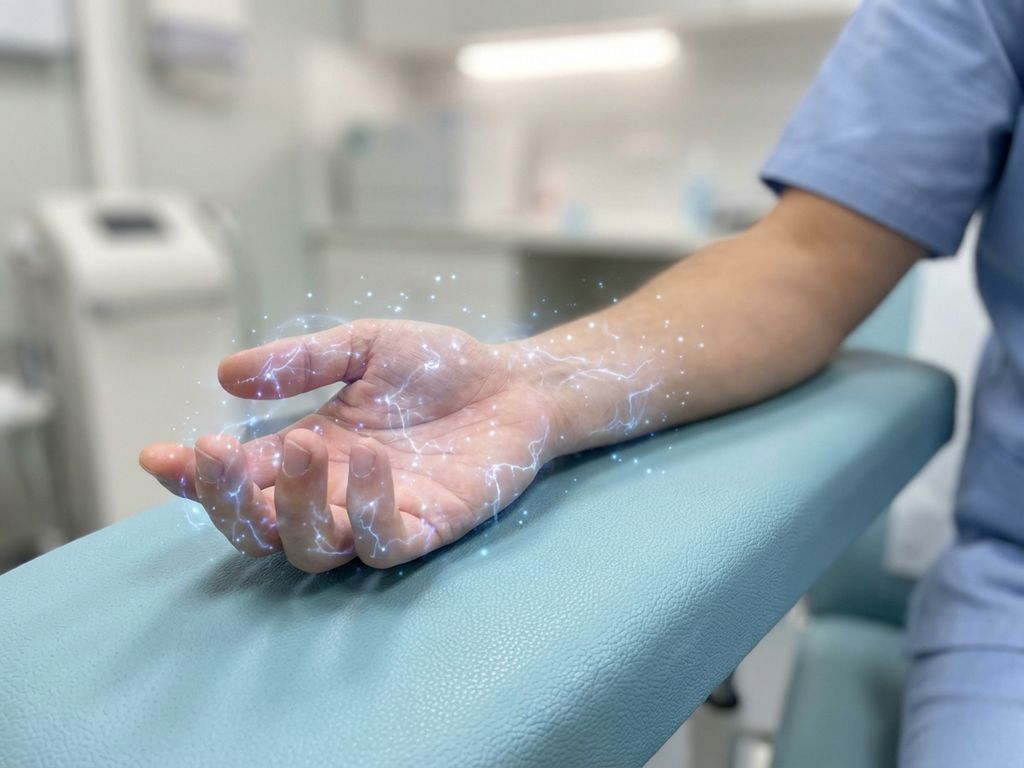 tintelingen-hand-zenuwpijn-symptomen-medisch.jpg Hand en onderarm met tintelende sensaties weergegeven door lichtdeeltjes en energiepatronen op medische achtergrond
