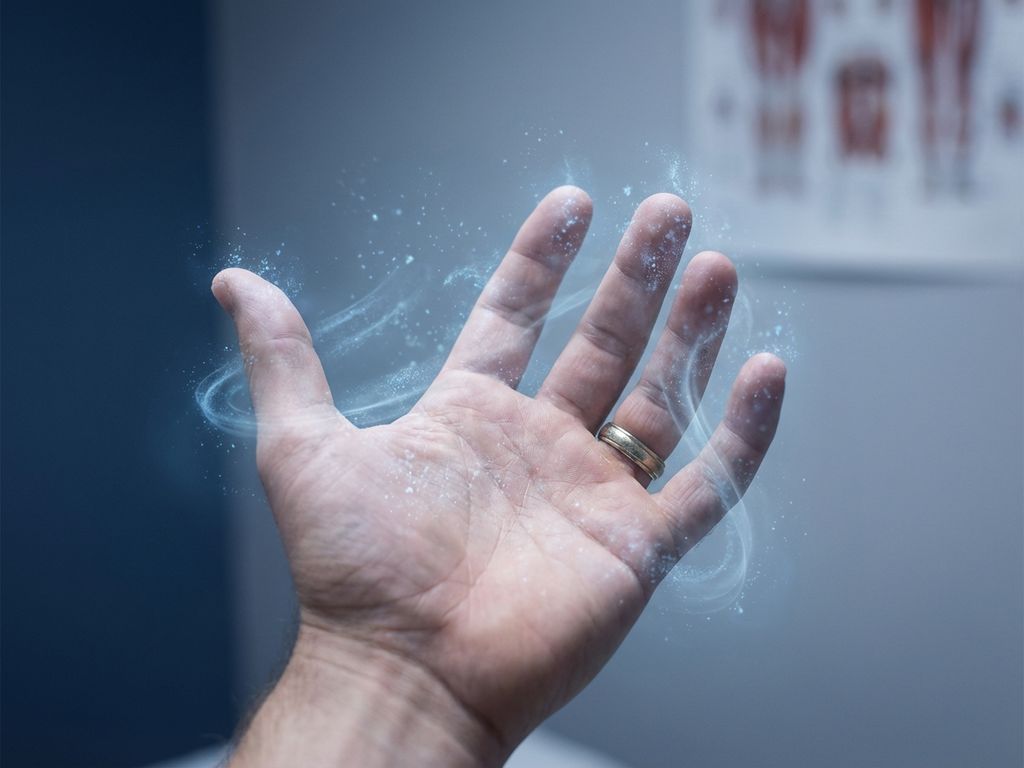 hand-tintelingen-blauwe-licht-medisch-symptomen.jpg Hand met blauwe lichtdeeltjes die tintelingen visualiseren op vingertoppen en handpalm tegen gradiënt achtergrond