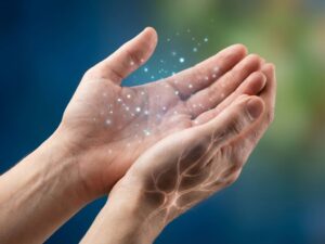 Handen met gloeiende lichtdeeltjes die tintelingen visualiseren tegen medische blauwe-groene achtergrond