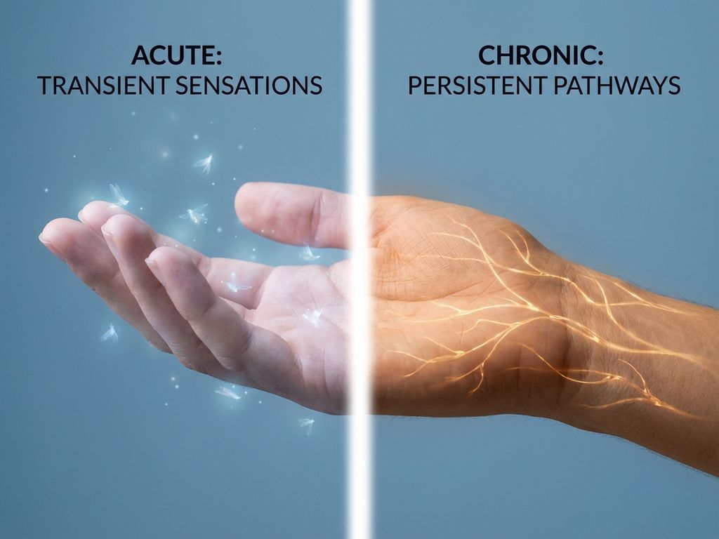 tintelingen-handen-acute-chronische-symptomen.jpg Twee handen met verschillende zenuwsensaties: links lichte tintelingen, rechts chronische zenuwpijnpatronen op medische achtergrond