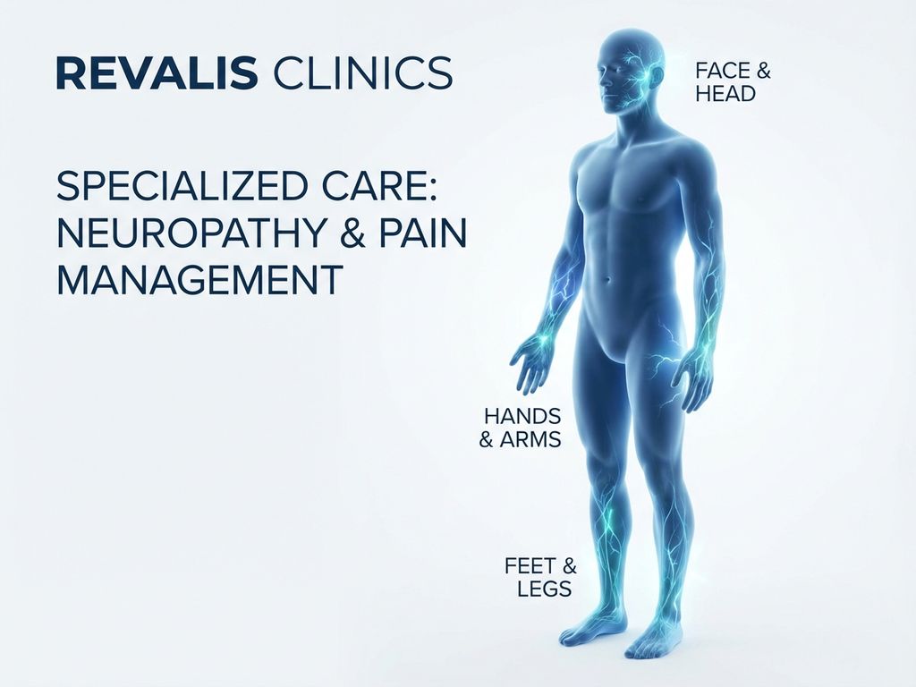 tintelingen-lichaam-medische-illustratie-revalis.jpg Medische illustratie van doorschijnend menselijk silhouet met blauwe elektrische patronen die tintelingen in handen en voeten tonen