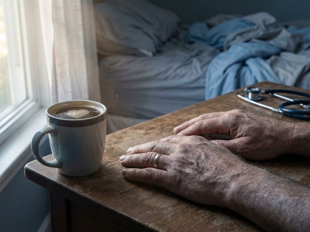 burnout-vermoeide-handen-koffie-ochtendlicht.jpg Vermoeide handen rusten op houten bureau naast koffiekop, ochtendlicht, stethoscoop zichtbaar, zorgverlener uitputting