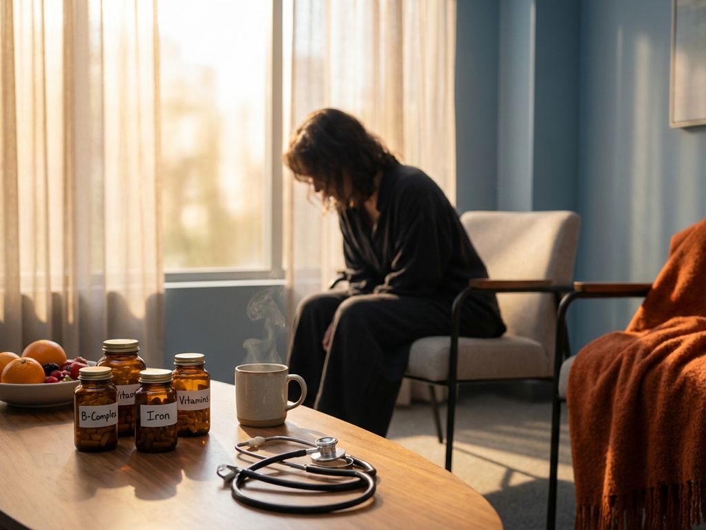 vermoeidheid-behandeling-vitamines-energie-herstel.jpg Uitgeputte persoon in stoel met vitamines, thee en fruit op medische tafel in warme, helende verlichting