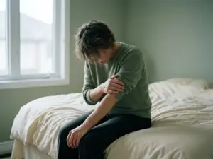 Persoon zit uitgeput op bedrand in klinische kamer, hoofd gebogen en hand op trillende onderarm, zachte natuurlijke belichting.