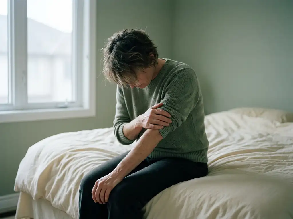 vermoeidheid-neurologische-klachten-slaapkamer.jpg Persoon zit uitgeput op bedrand in klinische kamer, hoofd gebogen en hand op trillende onderarm, zachte natuurlijke belichting.