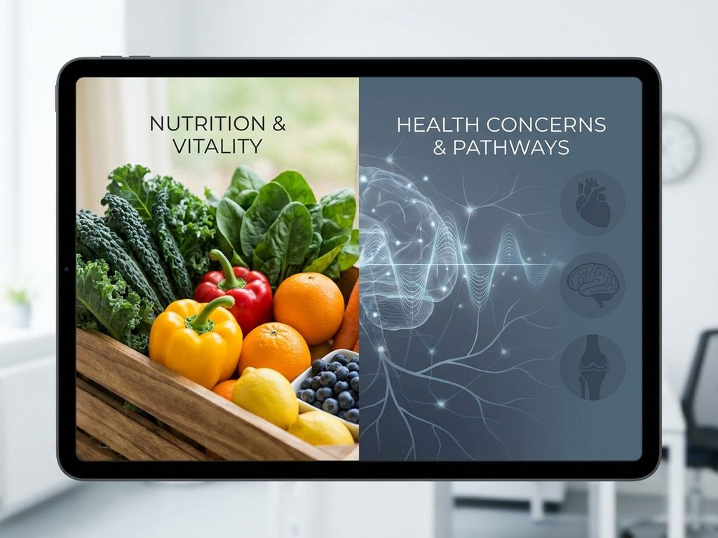 voeding-gezondheid-symptomen-contrast-illustratie.jpg Verse groenten en fruit tegenover abstracte neurale verbindingen in split-screen compositie over voeding en gezondheid