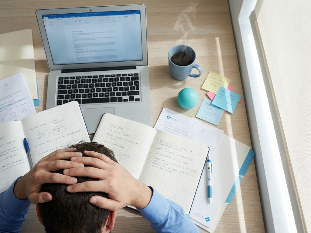 werkplek-stress-concentratie-problemen-kantoor.jpg Gefrustreerde persoon houdt hoofd vast aan rommelig bureau met laptop, papieren en koffie in modern kantoor
