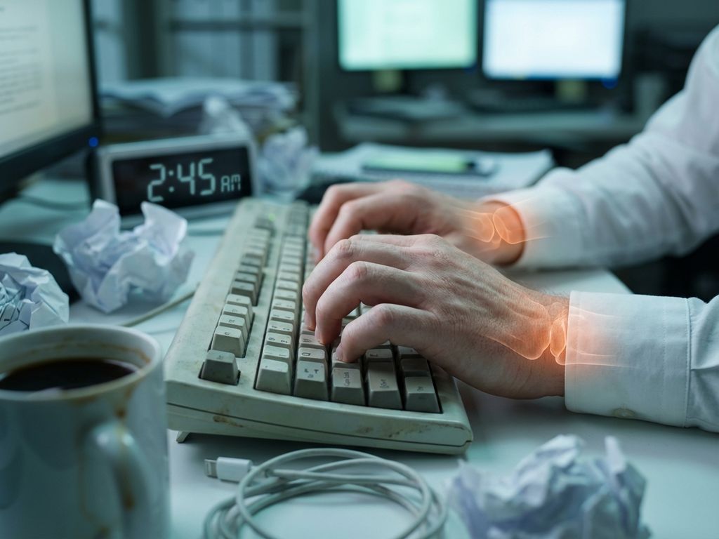 werkstress-handen-toetsenbord-spanning-symptomen.jpg Gespannen handen op toetsenbord met witte knokkels door werkstress, rommelige werkplek met papieren en koffie op achtergrond
