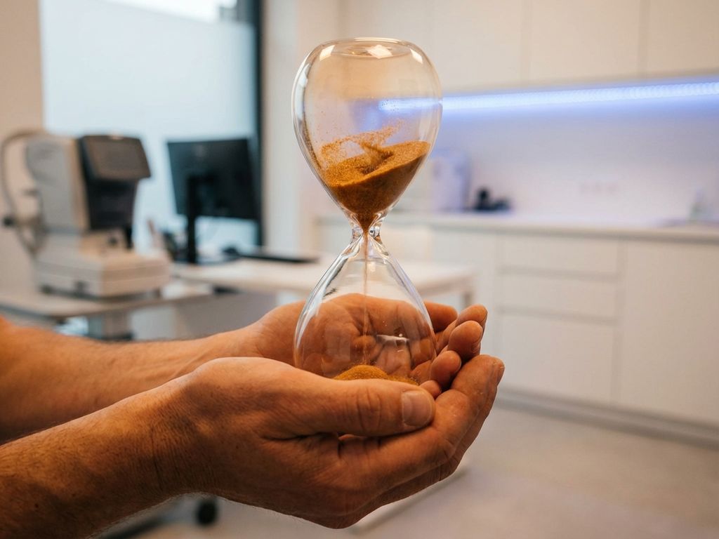 concentratie-duur-zandloper-medisch-kantoor.jpg Handen houden transparante zandloper met zwevende zandkorrels in moderne medische praktijk met blauwe verlichting