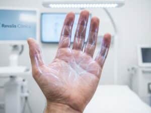 Hand met blauwe lichtpatronen die zenuwbanen tonen tegen medische witte achtergrond, klinische neurologische onderzoek