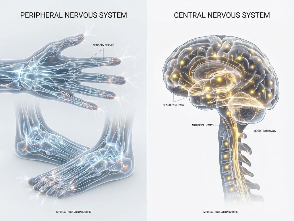 zenuwstelsel-anatomie-medische-illustratie-hersenen.jpg Medische illustratie van het zenuwstelsel: perifere zenuwen met tintelingen en centraal zenuwstelsel met neurale paden