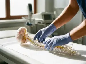 Medische professional onderzoekt anatomisch model van het zenuwstelsel op witte onderzoekstafel in klinische omgeving