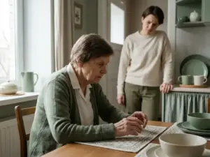 Bezorgd familielid observeert oudere vrouw met gespannen houding en licht trillende handen aan keukentafel.