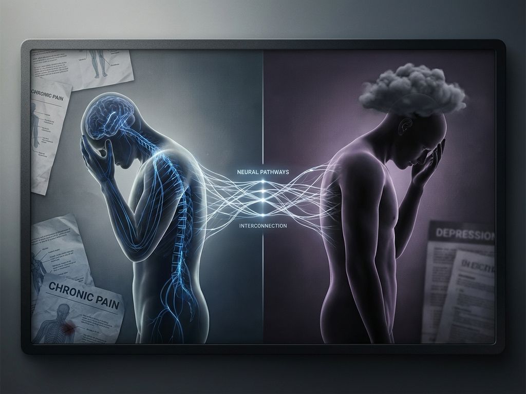 Gesplitst beeld toont verband tussen chronische pijn en depressie via verweven neurale paden in medische illustratie