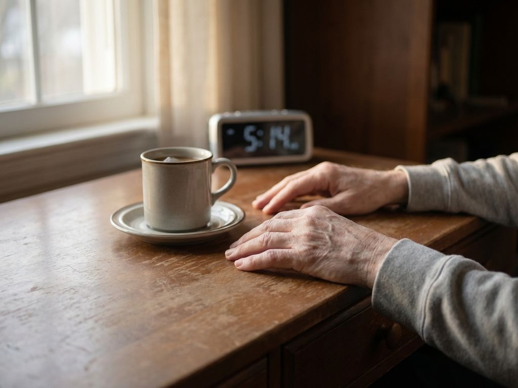 Vermoeide handen rusten op houten bureau naast koffiekop, vroege ochtend, chronische vermoeidheid symptomen