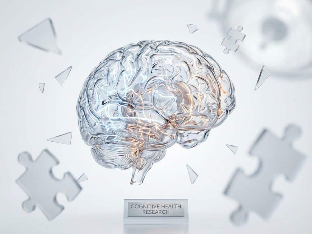 Glazen hersenmodel met verlichte neurale paden en zwevende puzzelstukjes tegen medische witte achtergrond