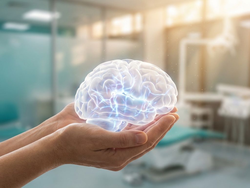 Handen houden verlicht hersenenmodel vast in medische omgeving, symboliseert mentale gezondheid en genezing