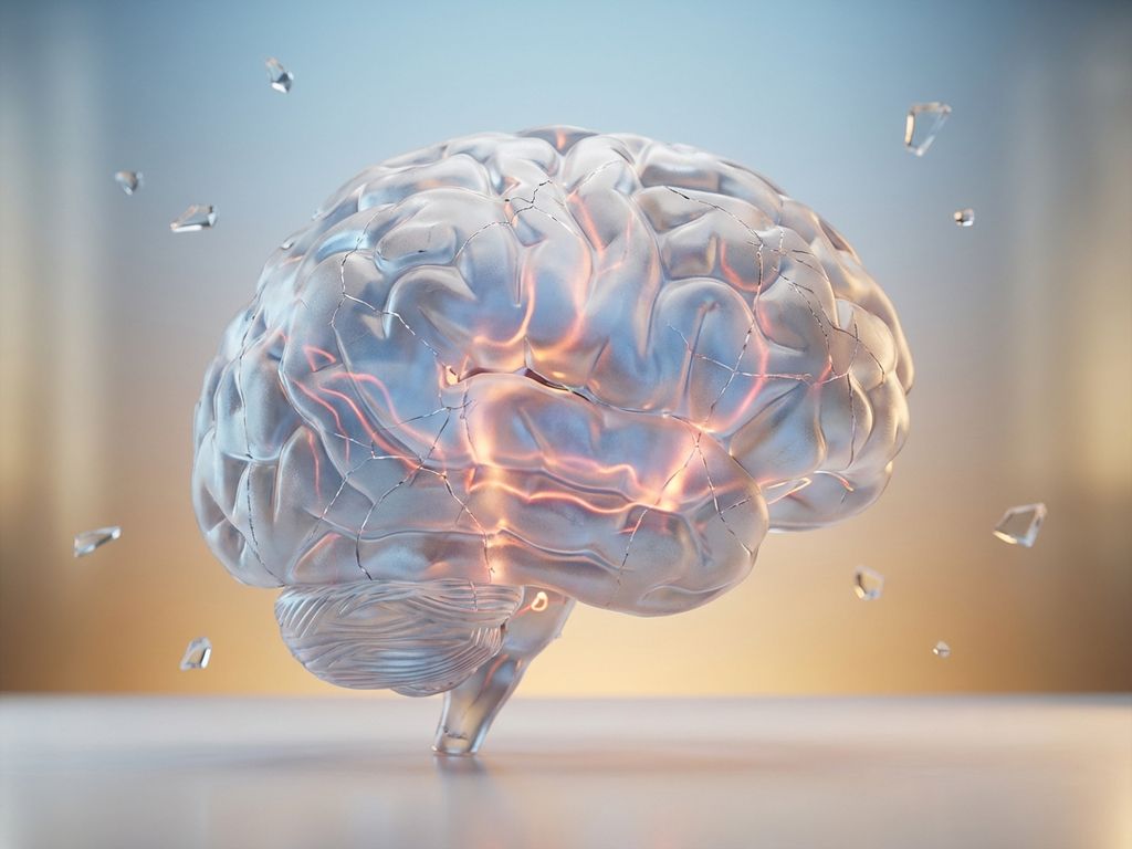 Glazen hersenmodel met stressbarsten, oranje-rode zenuwbanen en blauwe concentratiezones op medische achtergrond
