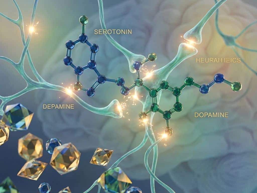 Moleculaire structuren en neurale verbindingen in blauw-groene tinten die de relatie tussen hormonen en mentale gezondheid tonen
