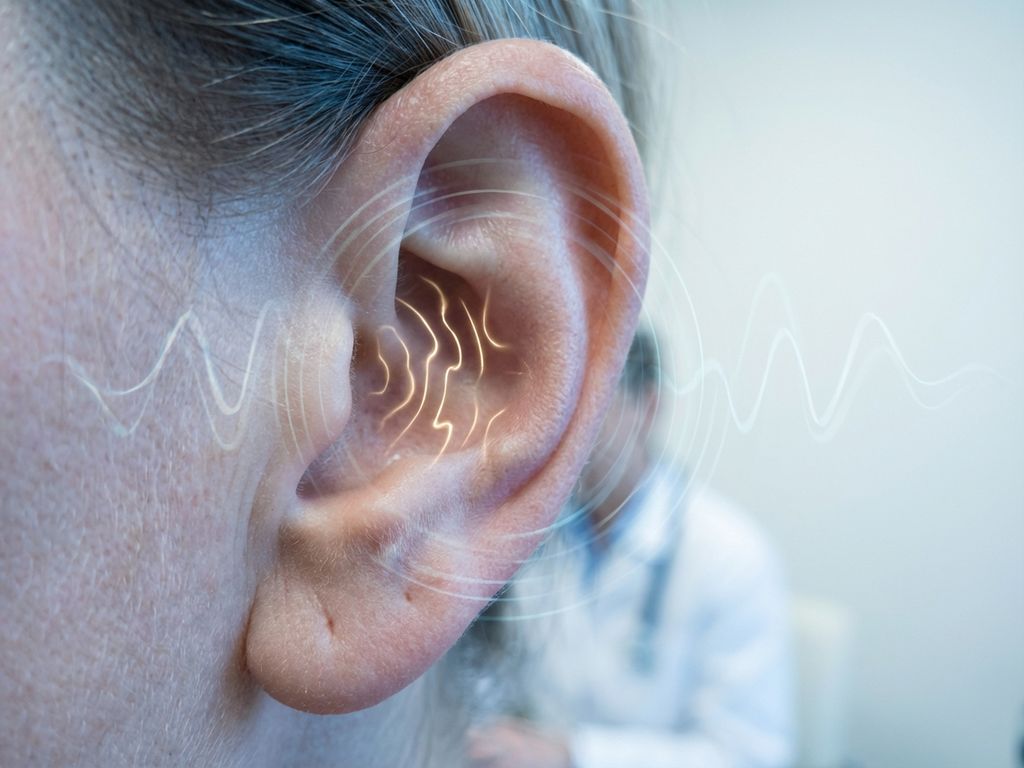 Menselijk oor in profiel met gouden geluidsgolven in gehoorgang die tinnitus symboliseren op medische achtergrond