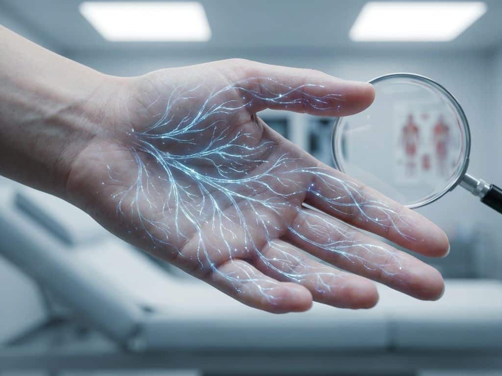 Hand met doorzichtige huid toont verlichte zenuwbanen in blauw en wit licht tegen medische achtergrond