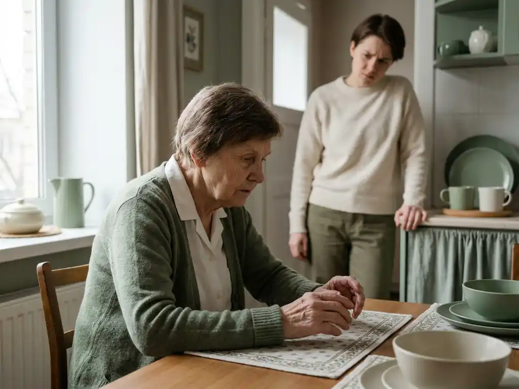 Bezorgd familielid observeert oudere vrouw met gespannen houding en licht trillende handen aan keukentafel.