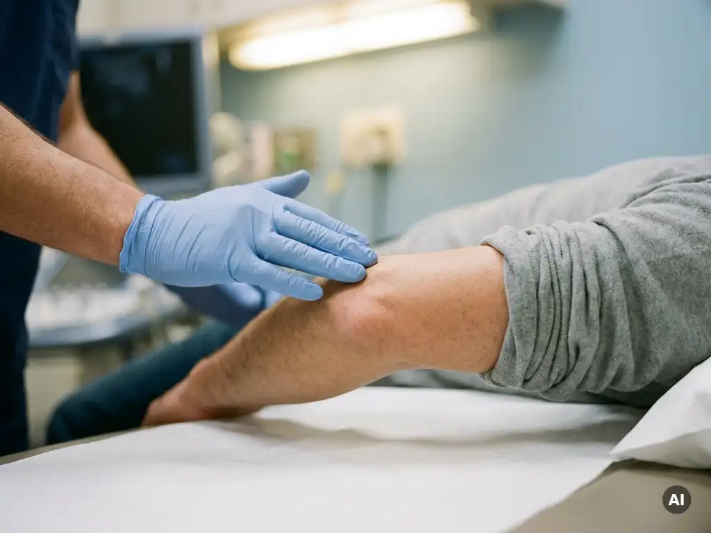 Handschoen van clinicus die zachtjes de ellebooggewricht van een patiënt onderzoekt tijdens diagnostische palpatie.
