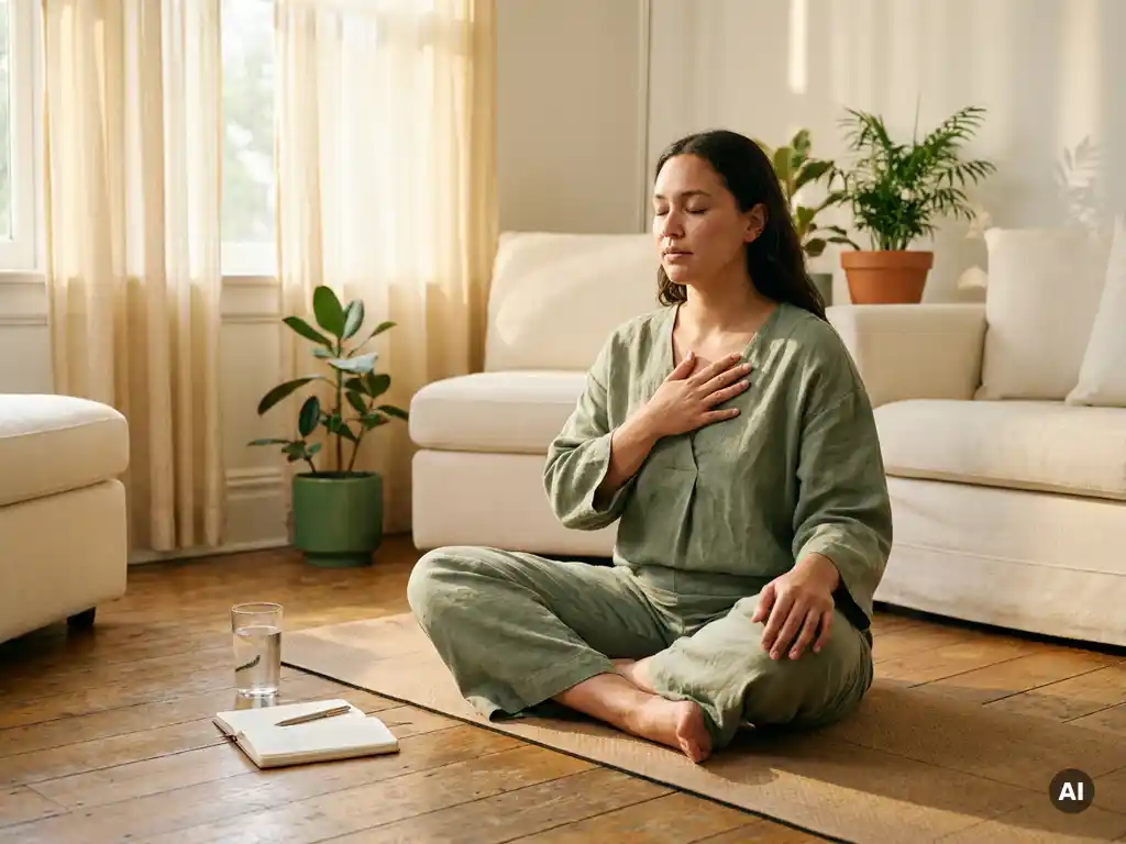 Persoon op yogamat in zonnige woonkamer met hand op borst, glas water en notitieboekje op houten vloer nabij.