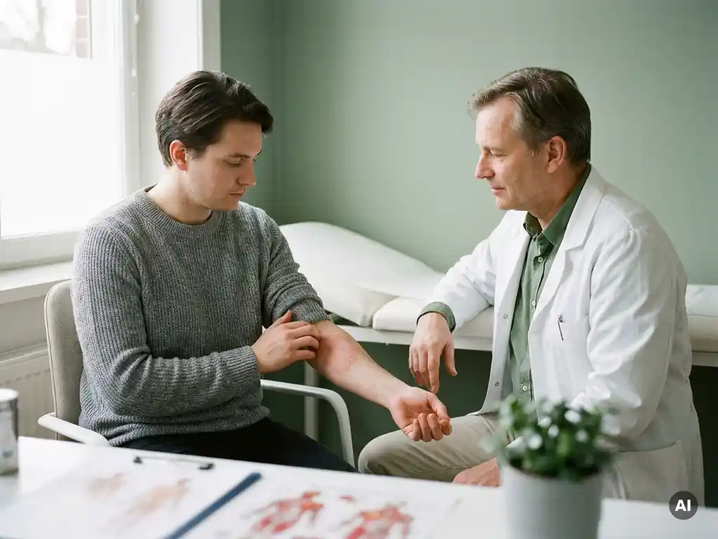Patiënt die geïrriteerde, rode onderarm betast tijdens dermatologisch consult, specialist observeert kalm op de achtergrond.