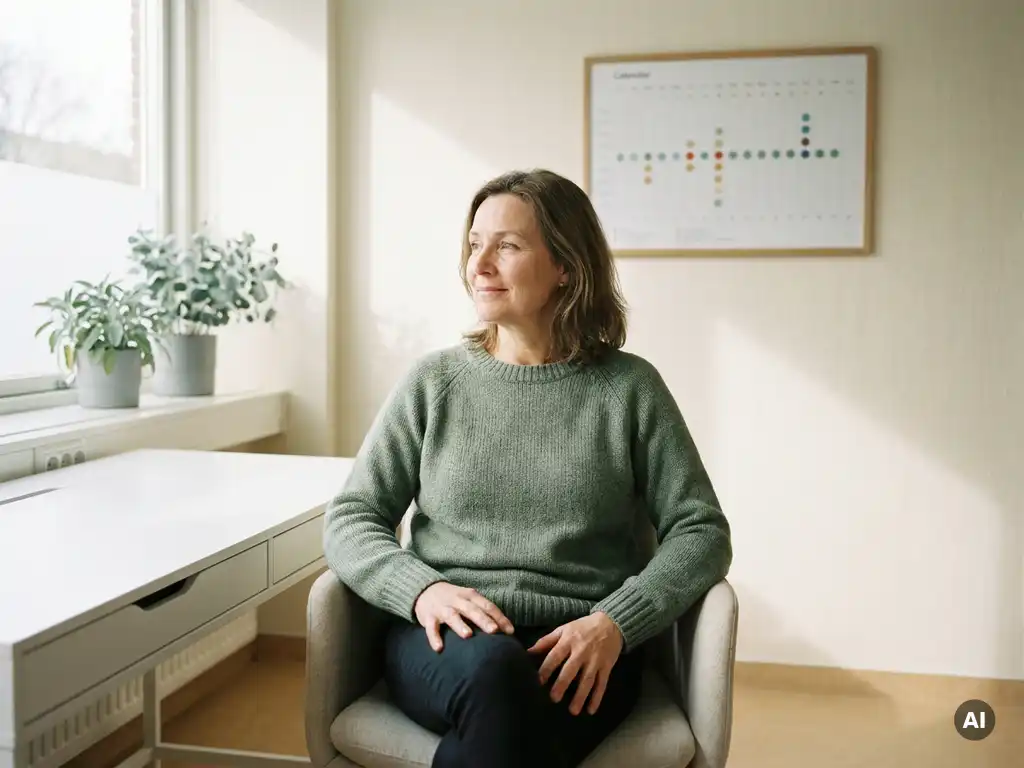 Patiënt in lichte medische spreekkamer met wandkalender op de achtergrond, natuurlijk licht, rustige sfeer.
