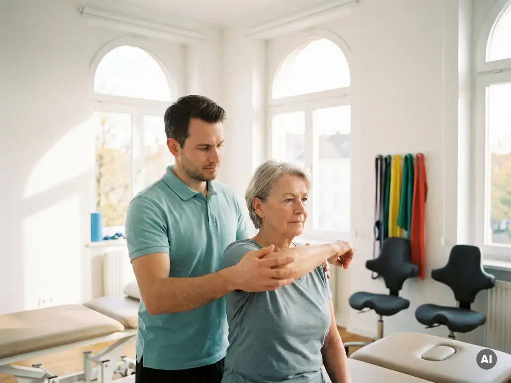 Revalidatiespecialist begeleidt patiënt bij schouder mobiliteits oefening in lichte fysiotherapieruimte met weerstandsbanden.