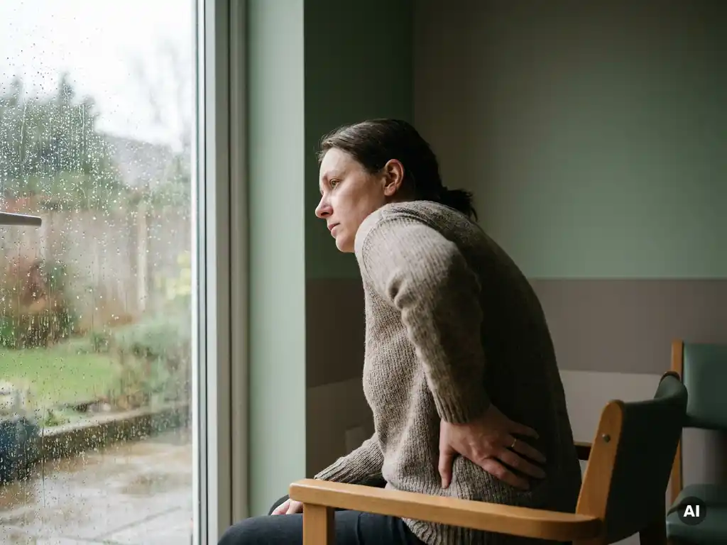 Persoon bij regenachtig raam met hand op onderrug, vermoeide maar kalme uitdrukking, zacht natuurlijk licht.