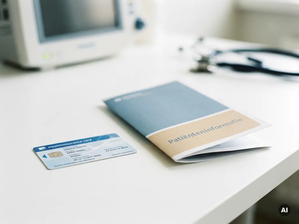 Nederlandse zorgverzekeringspas op wit bureau naast gevouwen patiëntenbrochure, met medische apparatuur op de achtergrond.