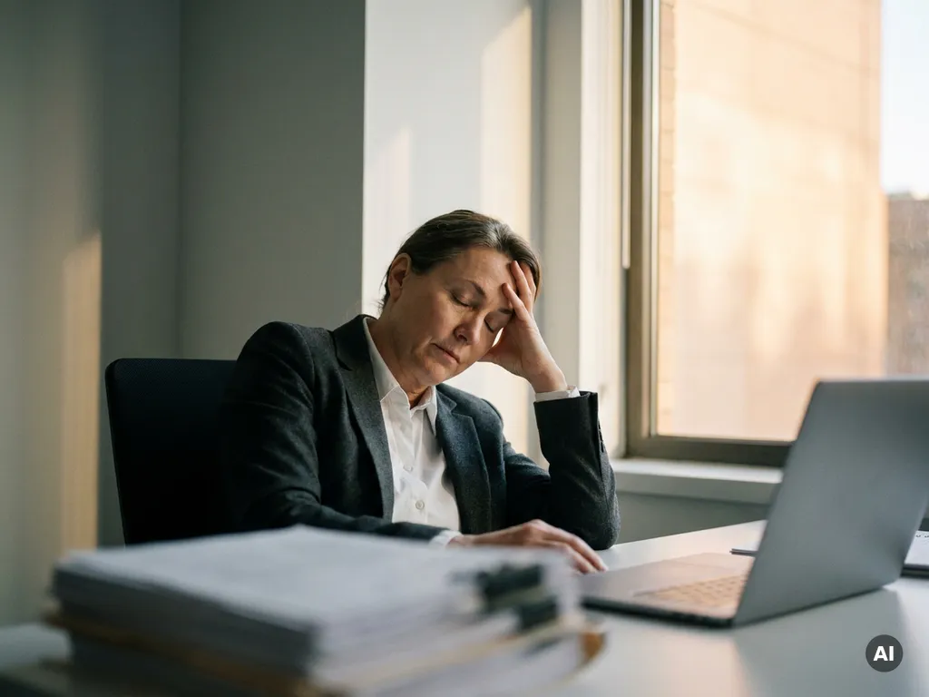 Professional in pak leunt uitgeput met hoofd in hand aan modern kantoorbureau, laptop en papieren op de voorgrond, warm raamlicht.